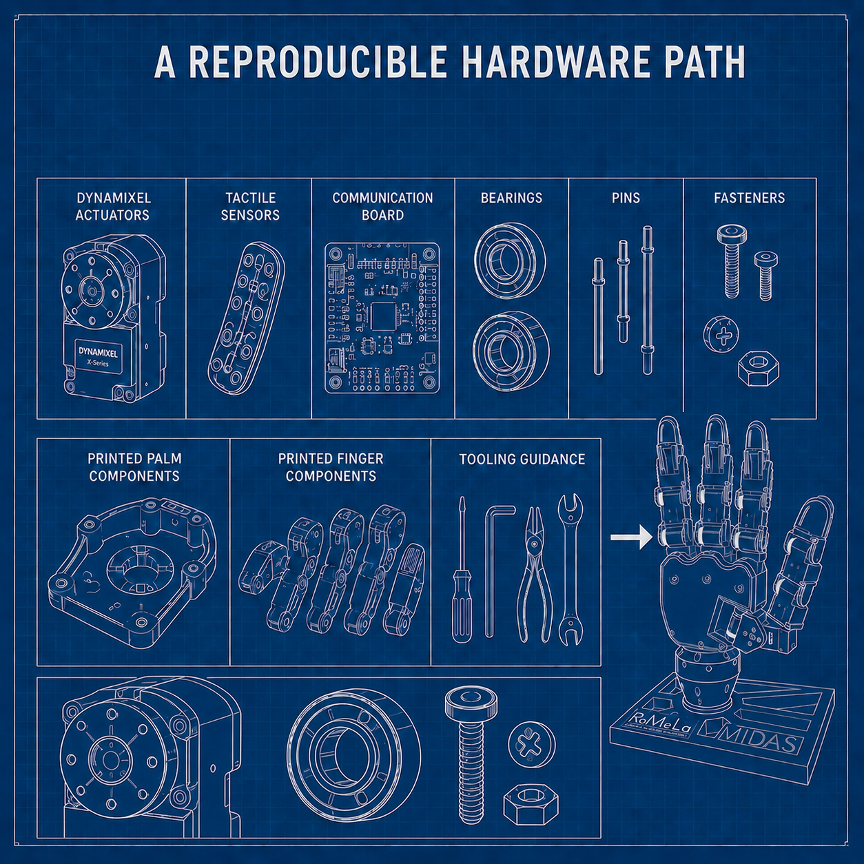 MIDAS Hand assembly, printed parts, or components